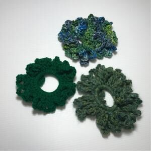NWT Green Blue Handmade Crocheted Hair Scrunchie Set of 3